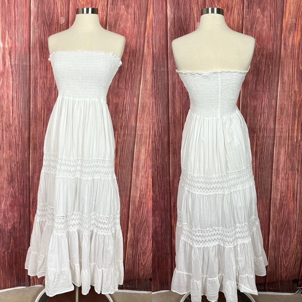 Indian Tropical Fashion White Tiered Dress Strapless Boho Cottagecore Size L/XL